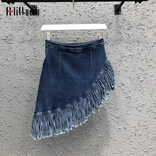 Summer Women Vintage Blue Irregular Tassel Denim Skirt Culottes Pant Female Streetwear High Waist Bodycon Sexy Mini Denim Skirts