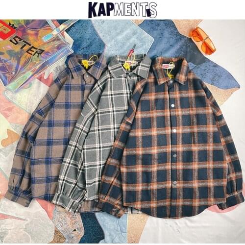 KAPMENTS Men Long Sleeve Vintage Plaid Shirts 2021 Mens Harajuku Japanese Streetwear Shirts Male Kpop Hip Hop Shirts Plus Size