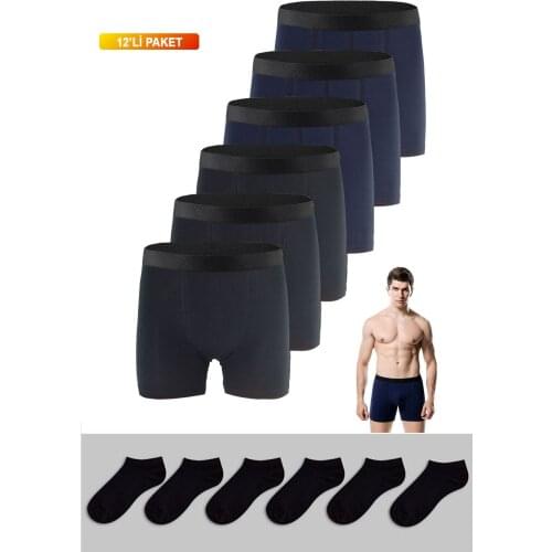 Mens Dark Boxer/socks Premium Cotton Lycra 6'lı Package Casual Flexible