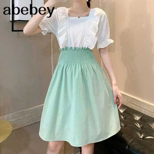 2021 New Summer Sweet All-match square collar puff sleeve Dress hit color stitching waist slim Ruffles Dress