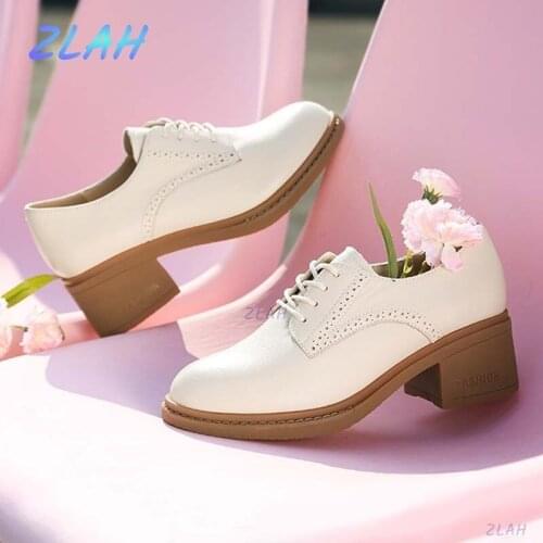 Autumn Womens Thick Heel Shoes Zlah New Fashion Shallow Mouth Lace PU Leather Round Toe Womens Casual ShoesWomen Pumps