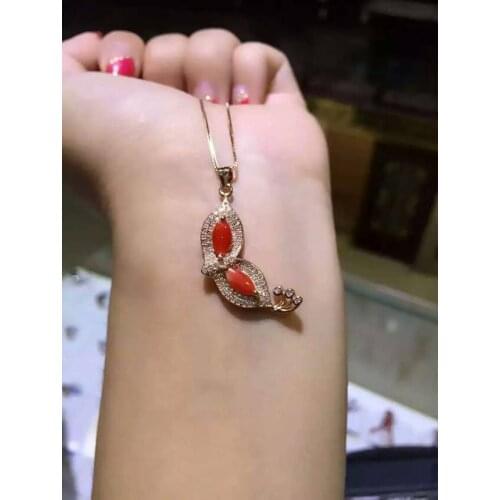 Natural red coral pendant S925 Sterling silver Natural gemstone Pendant Necklace trendy lovely Fox eyes women girl party jewelry