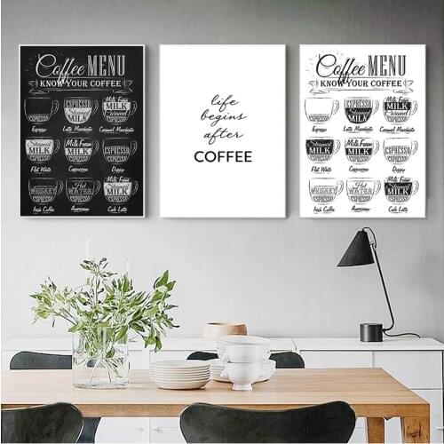 Self-adhesive wall stickers Nordic Coffee Menu Black White Wall Art Posters Prints Painting Pictures Cafe Shop Room Decoration