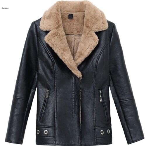 Women Autumn Winter Leather Jacket Faux Fur Coat Warm Plush Thicken Female Slim Short Outwear Biker Motorcycle Clothes