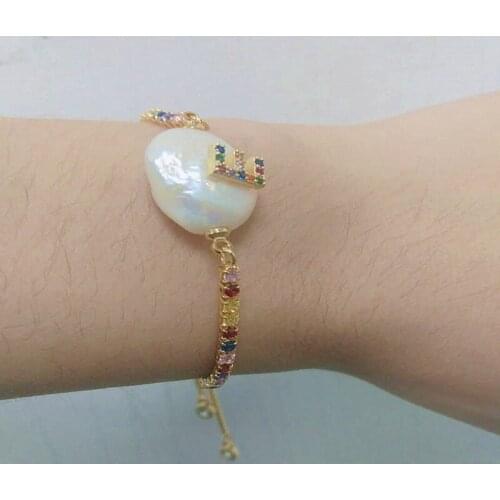 Rainbow Colors Cz Cubic Zirconia Initial C Alphabet Letter Name Natural Freshwater Pearl Gold Rainbow BraceletS For Women Girl