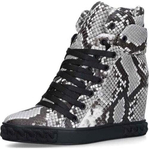 Girls Black White Python Round Toe Lace Up Front Hidden Heel Height Increasing 8 cm Wedge High Top Ankle Short Boots Woman