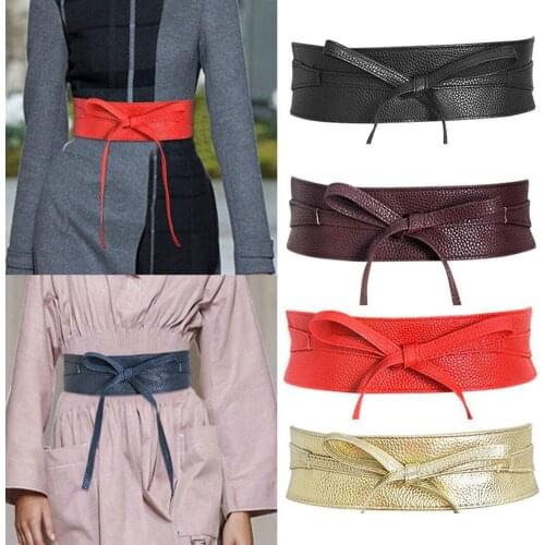 Women Leather Wrap Around Tie Corset Waist Wide Dress Waistband Elastic Bow Belt New Dress Embellishment For Women Waistband