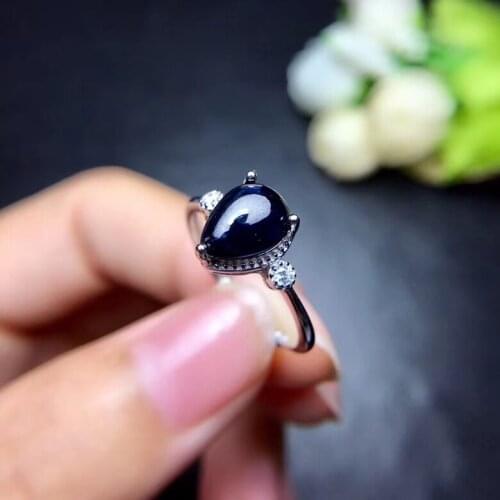 Fashion grace water drop Natural black starlight sapphire Ring S925 Silver Natural gemstone Ring Women girl party gift Jewelry