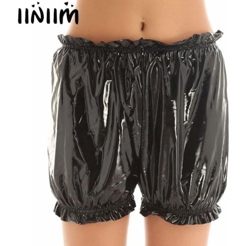 Women Lingerie Panties Wetlook Sexy Punk Clubwear Costumes Patent Leather Hem Ruffled Elastic Waistband Boxer Shorts Underwear
