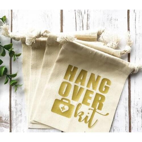 Gold wedding Bachelorette Hangover recovery Survival kit favor Muslin bags bridal shower party goodie pouches