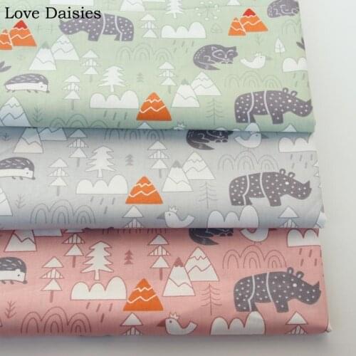 100% Cotton GREEN GREY PINK Cartoon Gray Rhinoceros Fox White Trees Orange Hill Fabrics for Cushion Sheet Handwork Decoration