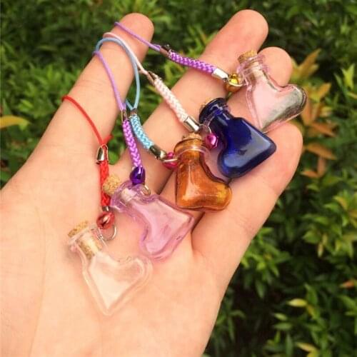 Mini Love Heart Bottles Crafts with Nylon Rope Key Chains Mini Wedding Jars Gift Bottles Crafts Mixed Color 7pcs Free Shipping