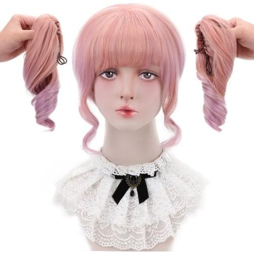 Free Beauty 15" Short Wavy Synthetic Ombre Baby Pink Purple Hair Wigs with Ponytails Bang for Women Daily Lolita Cosplay Costume