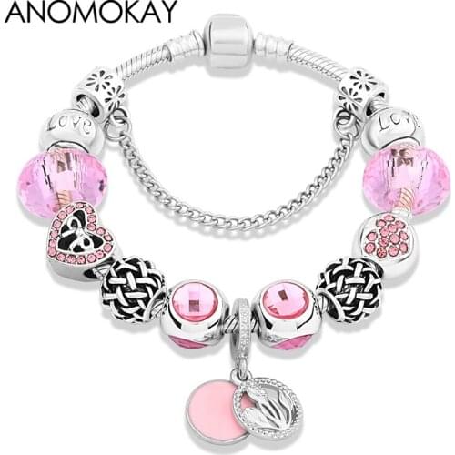 Classic Romantic Pink Crystal Flower Heart Charm Bracelet & Bangle Silver Color Round Bead Bracelet Femme for Women Girl Gift