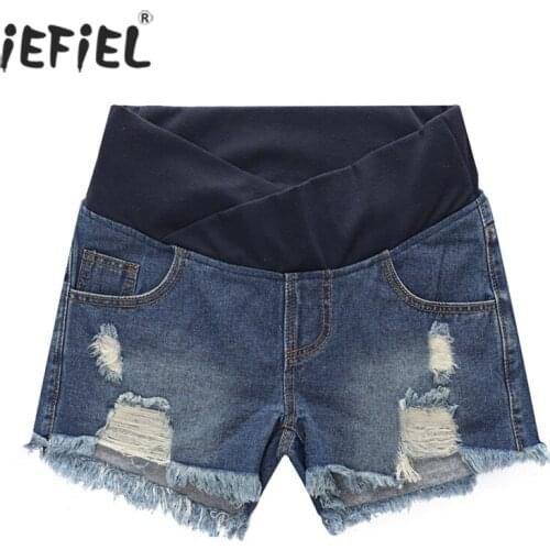 Maternity Ripped Denim Shorts For Pregnant Women Summer Pregnancy Low Waist Support Belt Denim Jeans Pockets Pants Clothing