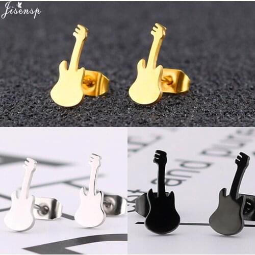 Jisensp Unique Design Stainless Steel Earrings Punk Guitar Stud Earrings for Women Men Fashion Party Jewelry Best Birthday Gift