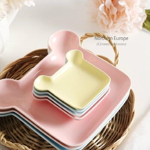 2 Pcs Cute little bear ceramic Western childrens breakfast plate rice fruit snack plate 7-inch colorful dinner plates
