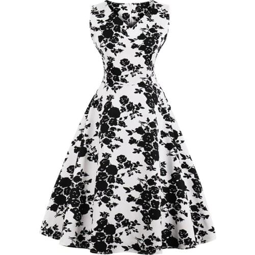 Enyuever Summer Dresses Casual Women Clothing Sleeveless V Neck Robe Pin Up Swing Polka Dot Floral Print Retro Vintage Dress
