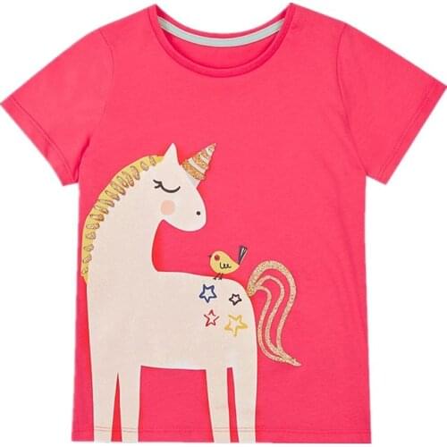 Little Maven New Summer Kids Clothing Short O-neck Pink Pegasus Knitted Cotton Quality Girls Casual Fashion Tshirt