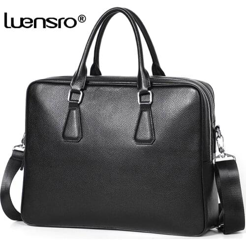 100% Genuine Leather Men Briefcase Bag Cowhide Leather Shoulder Bags Business Office Bag For Men Handbag Black Mens Tote Bags