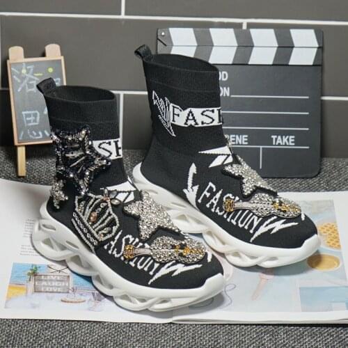2021 new heavy industry shiny rhinestone tide brand high-top casual shoes thick-soled stretch knitted socks shoes