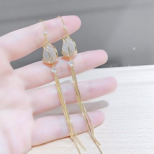 New Design Cubic Zircon Opal Tulip Flower Stud Earrings For Women Luxury 14K Gold Plated Long Tassel Earrings