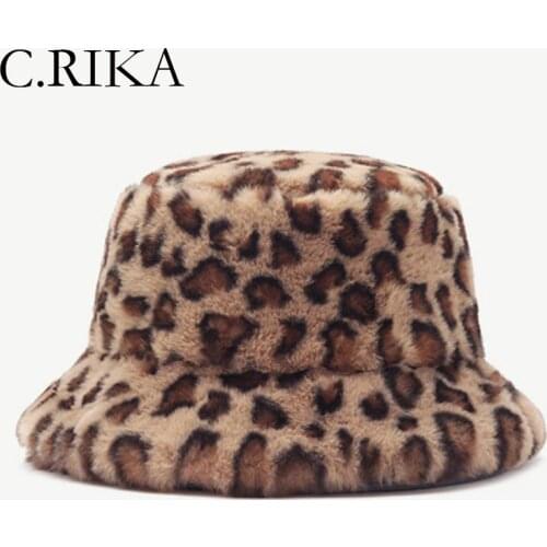 Autumn Winter Leopard Fluffy Hat Faux Fur Bucket Hat Women Plush Velvet Fisherman Hats Bob Girl Outdoor Fashion Warm Panama