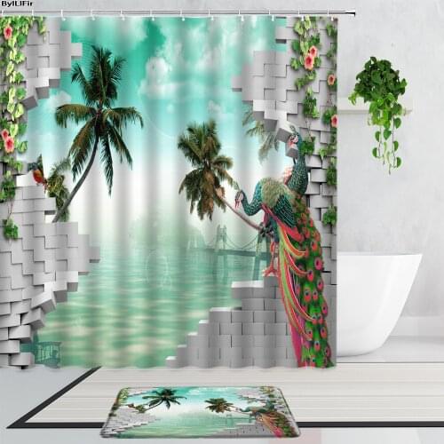 Peacocks Flowers Palm Tree Creative Brick Wall Bathroom Shower Curtains Set Elegant Animal Fabric Print Bathtub Curtain Bath Mat