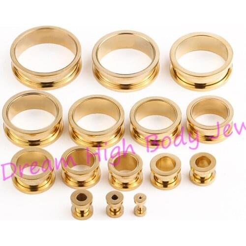 Gold-color Flesh Tunnel Ear Plug Expander Piercing Fashion Body Jewelry Screw 2mm to 30mm 316L Stainless Steel Titanium