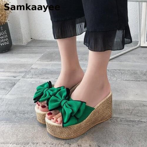 Size 35-40 Sandals Women Slipper Summer Female Wedge Platform Pumps Bow Shoes Mujer Peep Toe Thick Bottom 9cm Heels Sandalias 34