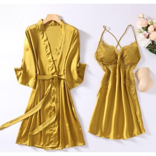 Sexy Lace Bride Robe Gown Sets Womens 2pcs Satin Nighty Bathrobe Sleep Suit Summer Kimono Sleepwear Nightgown Lounge Nightwear