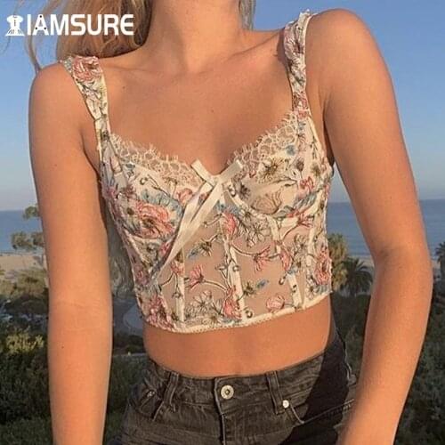IAMSURE Floral Mesh Corset Top Vintage Lace Trim See Through Crop Top Sexy Slim Square Collar Sleeveless Tank Top Women Clubwear