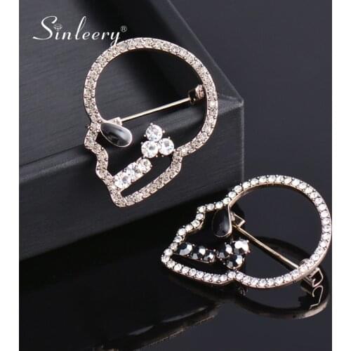 SINLEERY Retro Cool Punk Cubic Zircon Hollow Skull Brooch Antique Gold Color Women Vintage Jewelry 2021 XZ204 SSK