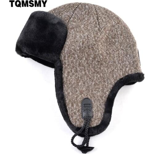 TQMSMY Solid Bomber Hat For Men Women Winter Knitted Double Layer Earflaps Hats Unisex Faux Fur Outdoor Snow Hat TME86