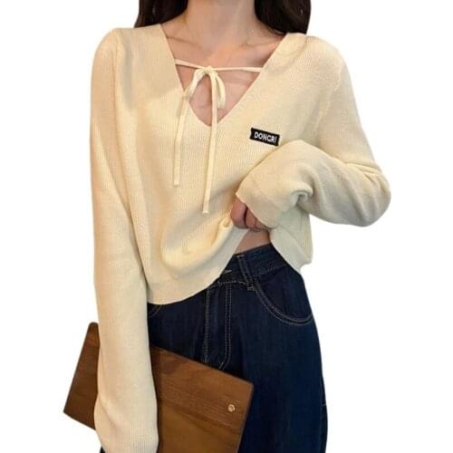 Spring V-neck Sweater Woman Long-sleeved Loose Knitted Sweater Female Light Breathable Short Pullover 2021