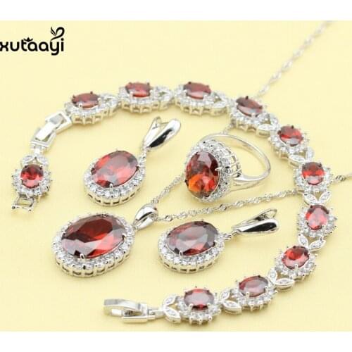 XUTAAYI Red Synthetic Garnet Sterling Silver Overlay Jewelry Sets For women Perfect Necklace Rings Earrings Bracelet Free Gift