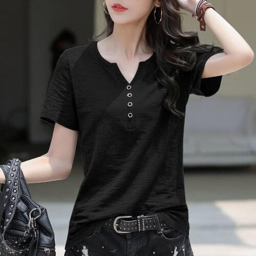 2021 New Cotton Loose Large Size Womens Womens V-neck T-shirt Ins Top