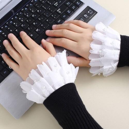 Ladies Double Layer Detachable Cuffs Chiffon Pleated Ruffles Lace Imitation Pearl Beading Fake Sleeves Sweater Accessory