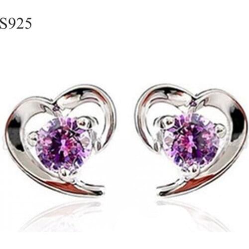Genuine Real Pure Solid 925 Sterling Silver Stud Earrings for Women Fine Jewelry Clear Purple Cubic Zircon Heart Female Earrings