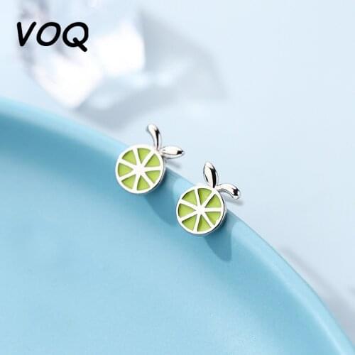 VOQ 925 Sterling Silver Lovely Green Lemon Stud Earrings Womens Romantic Earrings Brincos Pendientes