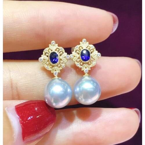 MADALENA SARARA Pure 18k Gold Earrings Round 8-9mm Freshwater Pearl Vintage Simple Style Emerald Stone Women Dangle Earrings