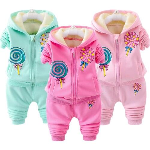 Winter Thick Warm Girls Clothing Set Cartoon Lollipop Lining Plus Velvet Suit For GIrls Children Birthday Christmas Present