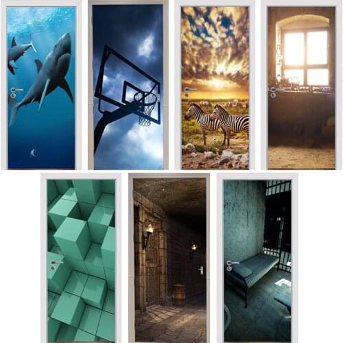 3D Door Stickers Old Windowsill Retro Dungeon Basketball Stand Deep Sea Shark Prairie Zebra Block Home Decoration Paste 77x200cm