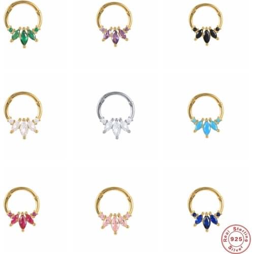 GS 925 Sterling Silver Colored Pink Purple Oval Zircon Piercing Hoop Earrings For Women Ear Bone Buckle Cartilage Hoop Jewelry