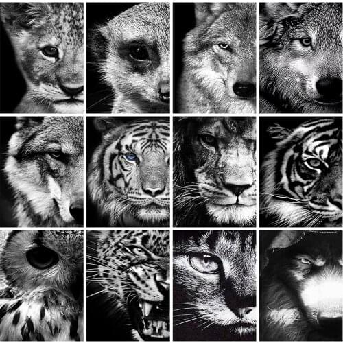 Huacan 5D Diamond Embroidery Cross Stitch Wolf Diamond Art Painting Black And White Mosaic Handmade Gift