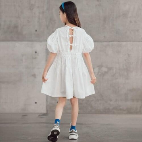 White Puff Sleeve Girls Princess Dress 2021 New Kids Summer Dress Teen 100% Cotton Dress Bow Teen Cute Dress,#6127