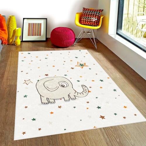Beyaz Çocuk Odası Halısı sevimli hayvanlar gri fil hayvan renkli yıldız beyaz halı