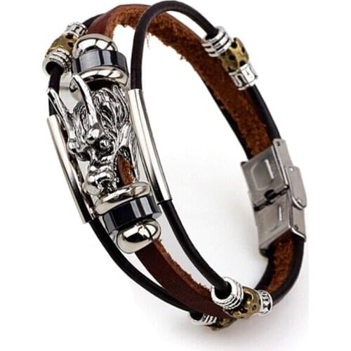 Charm Dragon Head Leather Bracelet Fashion Male Vintage Parataxis Dragon Multilayer Bracelet Bangle Men Jewelry