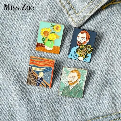 Oil Painting Enamel Pins Custom The Scream Sunflower Van Gogh Brooches Bag Clothes Lapel Pin Badge Art Jewelry Gift for Friends