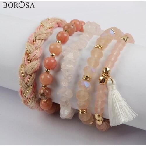 BOROSA 5Sets (5Pcs/set Bracelets) Light Pink Jades Beads AB Plating Crystal Glass Bead Faceted Charm Bracelet Set Jewelry WX1186